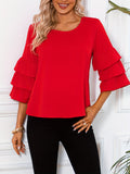 Solid Layered Flare Sleeve Blouse, Versatile Crew Neck Blouse For Spring & Fall, Women's Clothing