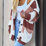 Striped Button Up Pocket Cardigan, Casual Long Sleeve Loose Sweater, Women's Clothing