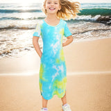 Vibrant Tie Dye Short Sleeve Slim Midi Dress for Girls - Casual, Comfortable, and Stylish Holiday Wear - Perfect Summer Gift for Tweens and Teenagers