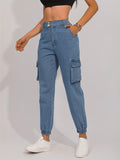 Flap Pocket Double Side Bottons Cargo Jeans, Wash Blue Street Jogger Jeans, Women's Denim Jeans & Clothing