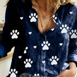 Paw Print Button Front Shirt, Casual Long Sleeve Shirt For Spring & Fall, Women's Clothing