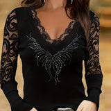 Rhinestone Decor Lace Stitching V Neck T-Shirt, Casual Long Sleeve Top For Spring & Fall, Women's Clothing