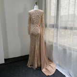 Champagne Mermaid Sequins Beaded Long Sleeve Prom Dress Arabic Dubai Sheer Jewel Neckline Robe De Soiree Evening Gowns BC18910