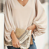 Solid V Neck Blouse, Elegant Lantern Sleeve Blouse For Spring & Fall, Women's Clothing