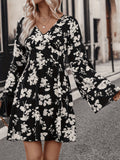 Floral Print Mini Dress, Elegant V Neck Flared Sleeve Dress, Women's Clothing