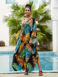 Plus Size Boho Kaftan Dress, Women's Plus Tropical Print Batwing Sleeve V Neck Split Maxi Beach Dress