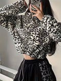 Leopard Plush Half Zipper Coat, Casual Long Sleeve Drawstring Crop Coat, Women's Clothing