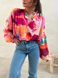 Plus Size Casual Blouse, Women's Plus Colorblock Random Print Button Up Lantern Sleeve V Neck Blouse