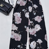 Plus Size Casual Pants, Women's Plus Floral Print Drawstring High Rise Slight Stretch Comfortable Wide Leg Pants