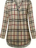 Plaid Print Notch Neck Blouse, Casual Long Sleeve Blouse For Spring & Fall, Women's Clothing