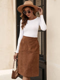 Solid High Waist Slim Corduroy Skirt, Casual Split Midi Skirt With Pocket, Women's Clothing