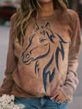 Horse Head Print Pullover Sweatshirt, Casual Long Sleeve Crew Neck Sweatshirt For Fall & Winter, Women's Clothing