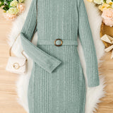 Teen Girls Rib Knitted Warm Bodycon Sweater Dress With Belt