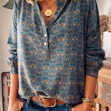 Ethnic Floral Print Blouse, Casual Half Button Long Sleeve Blouse, Women's Clothing