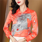 Printed Women Designer Lapel Shirts Silk Black Long Sleeve Elegant Fit Shirt Office Ladies Button Front Casual Satin Blouses Spring Fall Chic Slim Runway Tops