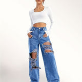 Ripped Straight Leg Loose Fit Jeans, High Rise Wide Legs Distressed Denim Pants, Women's Denim Jeans & Clothing