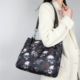 Large Capacity Punk Floral Skull Print Tote Bag - Stylish Single-Strap Shoulder Bag with Fixed Straps, Zipper Closure, Polyester Lining - Versatile Handbag for Daily Commute, Work, and Travel