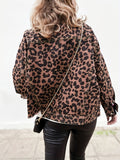 Leopard Print Denim Coats, Raw Hem Long Sleeve Flap Pockets Over Sized Button Closure Denim Jacket, Women's Denim Jacket & Clothing