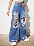 Ripped Straight Leg Loose Fit Jeans, High Rise Wide Legs Distressed Denim Pants, Women's Denim Jeans & Clothing