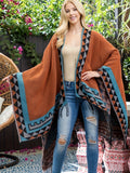 Plus Size Boho Winter Coat, Women's Plus Geometric Print Fringe Trim Batwing Sleeve Open Front Shawl Cape Coat