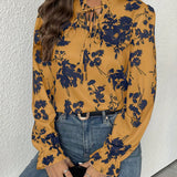 Floral Print Tie Front Blouse, Elegant V Neck Long Sleeve Blouse, Women's Clothing