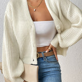 Solid Button Front Knitted Cardigans, Casual Long Lantern Sleeve Cardigan For Fall & Winter, Women's Clothing