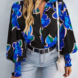 Plus Size Casual Blouse, Women's Plus Floral Print Button Up Lantern Sleeve Turn Down Collar Blouse