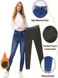 Fleece Liner Slimming Skinny Jeans, Slant Pockets Mid-Stretch Whiskering Tight Jeans, Women's Denim Jeans & Clothing