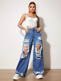 Ripped Straight Leg Loose Fit Jeans, High Rise Wide Legs Distressed Denim Pants, Women's Denim Jeans & Clothing