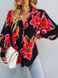 Plus Size Casual Blouse, Women's Plus Floral Print Button Up Lantern Sleeve Turn Down Collar Blouse