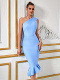 Elegant One Shoulder Bodycon Mermaid Bridesmaid Dress - Asymmetrical Neck, Ruffle Details, High Elasticity, Solid Color, Polyester Knit Fabric - Perfect for Wedding Party, Womens Clothing