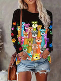 Plus Size Casual T-shirt, Women's Plus Colorful Cartoon Dog & Paw Print Long Sleeve Round Neck Medium Stretch T-shirt