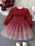 Girls' Gradient Mesh Christmas Velvet Stitching Lace-up Princess Dress For Autumn And Winter