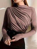 Long Sleeve Ruched T-Shirt, Elegant Solid Top For Fall & Spring, Women's Clothing