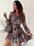 Floral Print Ruffle Hem Dress, Casual Button Front Long Sleeve Dress, Women's Clothing