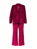 Casual Solid Two-piece Set, Notch Collar Long Sleeve Blazer & Button Front Pants Outfits, Women's Clothing
