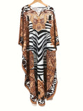 Plus Size Boho Kaftan Dress, Women's Plus Zebra & Paisley Print Batwing Sleeve Notched Neck Maxi Split Dress