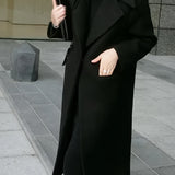 Solid Lapel Mid Length Overcoat, Elegant Long Sleeve Winter Outerwear, Women's Clothing