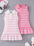 2pcs Adorable Striped Fitted Sleeveless Dress for Girls - Lapel Collar, Knee-High Length, Ruffle Hem, Polyester Material, Loose Silhouette, Perfect for Summer Party and Holiday - Casual and Comfortable