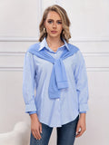 Tie Front Stripe Print Polo Collar Blouse, Casual Long Sleeve Blouse For Spring & Fall, Women's Clothing