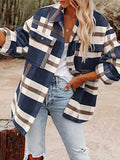 Stylish Plaid Button Down Long Sleeve Jacket, Loose Lapel Plaid Jacket, Women's Clothing