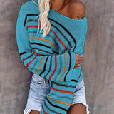 Striped Print Knit Sweater, Casual Drop Shoulder Long Sleeve Sweater, Women's Clothing