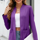 Solid Open Front Blazer, Casual Long Sleeve Pocket Blazer, Women's Clothing