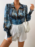 Plus Size elegant Blouse, Women's Plus Marble Print Lantern Sleeve Button Up Lapel Collar Shirt Top