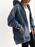 Long Sleeves Hooded Denim Jacket, Full Zipper With Front Pocket Denim Coat, Women's Clothing