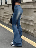 Plain Washed Retro Flare Jeans, Slim Fit High Stretch Slant Pockets Bell Bottom Jeans, Women's Denim Jeans & Clothing