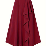 Plus Size Elegant Skirt, Women's Plus Solid Ruffle Trim Elastic Waist Slight Stretch A-line Skirt