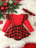 Toddler Baby Girls Christmas One-piece Romper Dress, Plaid Dress With Headband Set, Suitable For Indoor And Outdoor Wear