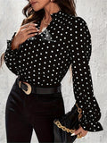 Polka-dot Print Notched Neck Blouse, Versatile Puff Sleeve Blouse For Spring & Fall, Women's Clothing