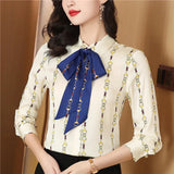 Printed Women Designer Lapel Shirts Silk Black Long Sleeve Elegant Fit Shirt Office Ladies Button Front Casual Satin Blouses Spring Fall Chic Slim Runway Tops